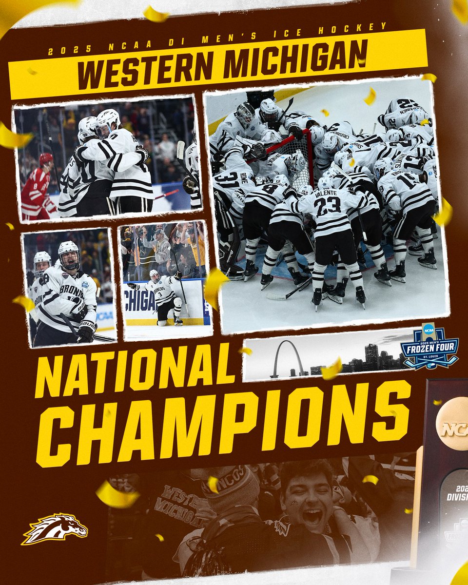 NCAA Ice Hockey (@ncaaicehockey) on Twitter photo THE BRONCOS ARE NATTY CHAMPS FOR THE FIRST TIME IN PROGRAM HISTORY! 🏆🏇
<a href="/WMUHockey/">WMU Hockey</a> defeats Boston University, 6-2, to win the 2025 DI Men's Ice Hockey National Championship.
#MFrozenFour THE BRONCOS ARE NATTY CHAMPS FOR THE FIRST TIME IN PROGRAM HISTORY! 🏆🏇
<a href="/WMUHockey/">WMU Hockey</a> defeats Boston University, 6-2, to win the 2025 DI Men's Ice Hockey National Championship.
#MFrozenFour