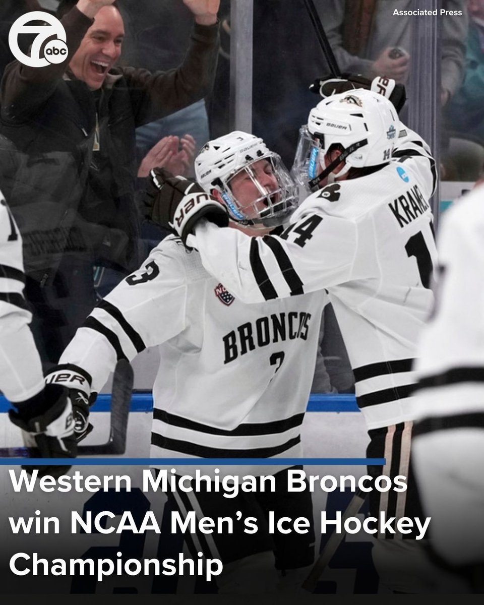 wxyzdetroit's tweet photo. National champions! The Western Michigan Broncos won the NCAA Men's Frozen Four Championship, defeating Boston University 6-2 on Saturday night in St. Louis, their first national championship in program history. https://t.co/sJ72ZeDqJr