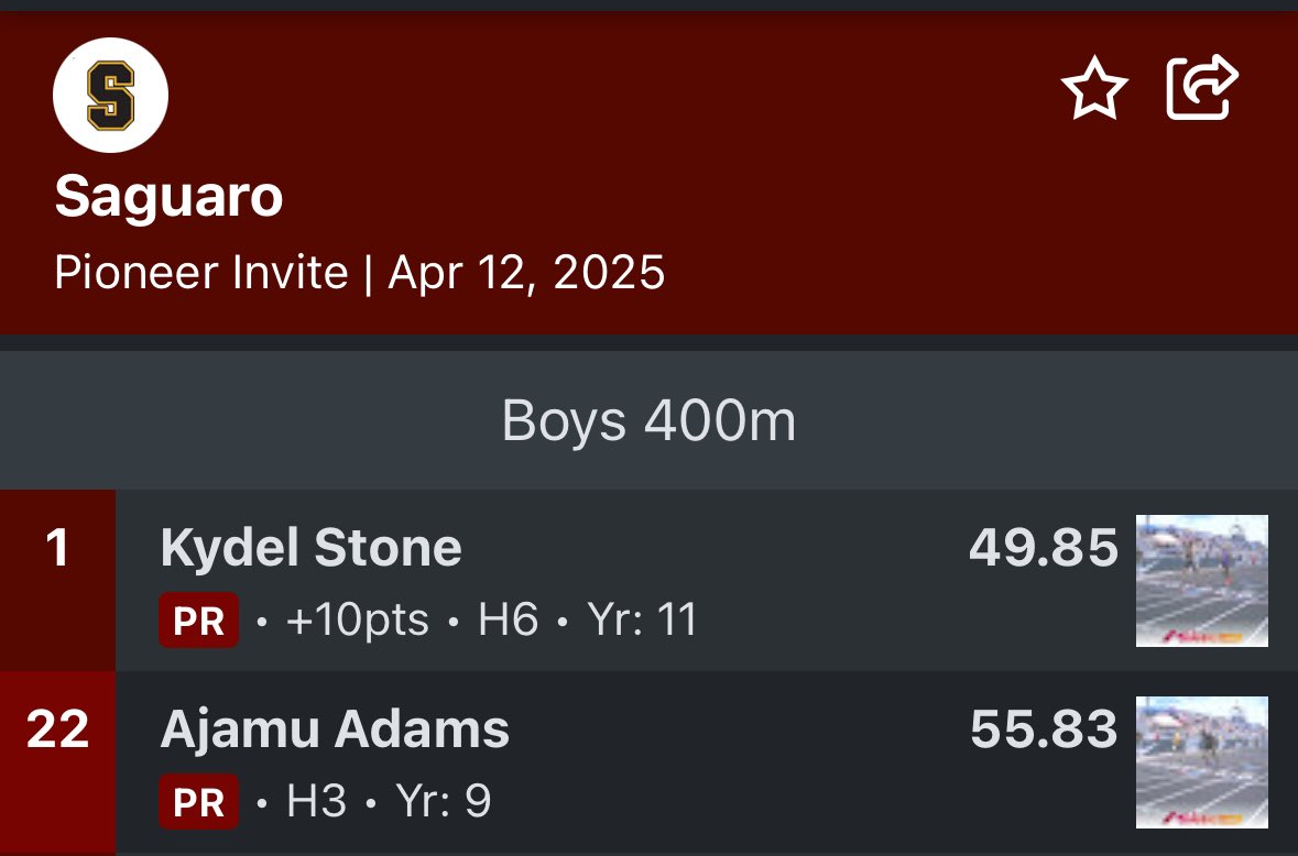 Darius Kelly (@d_tkelly) on Twitter photo 🚨 New Personal Best on the Track today at the Pioneer invite for Class of ‘26 <a href="/KydelStone5/">Kydel Stone</a> & Class of 28’ <a href="/Adams8860A/">Ajamu Adams</a> in the 400 Meter Dash‼️<a href="/saguarofootball/">Saguaro Football</a>
#SagU 💨 🚨 New Personal Best on the Track today at the Pioneer invite for Class of ‘26 <a href="/KydelStone5/">Kydel Stone</a> & Class of 28’ <a href="/Adams8860A/">Ajamu Adams</a> in the 400 Meter Dash‼️<a href="/saguarofootball/">Saguaro Football</a>
#SagU 💨