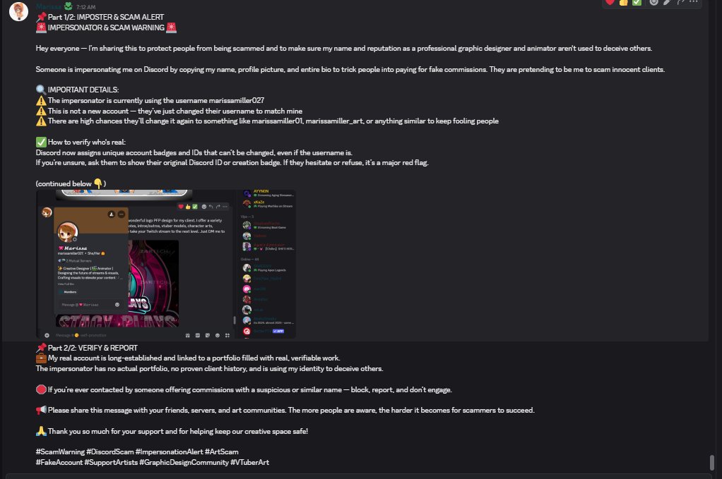 artbymarissa's tweet photo. 🚨 SCAM WARNING 🚨
Someone is impersonating me on Discord using the name marissamiller027 .
they copied my profile &amp; are scamming people for fake commissions.
⚠️ This is NOT me.
⚠️ They may change their name again (ex: marissamiller01).
📸 Proof below. RT to warn others.
#ArtScam https://t.co/GH2lt2xpIf