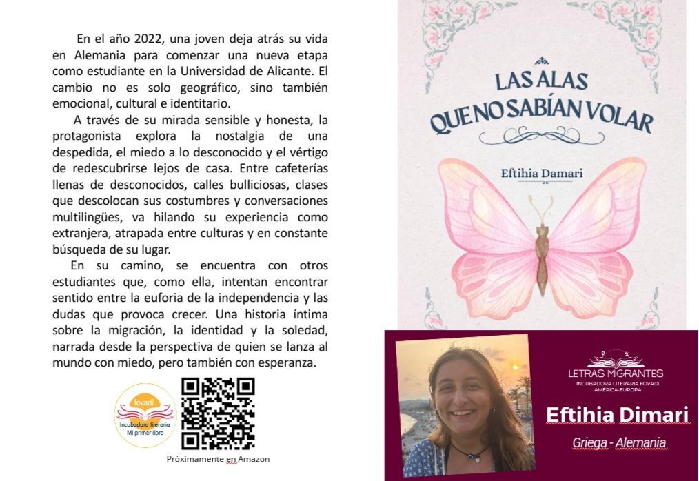 FOVADI's tweet photo. Eftihia Dimari  participa en la gira #letrasmigrantes Colombia con su libro "Las alas que no sabían volar". Una novela corta que te hará preguntarte si tus alas sí vuelan. 
#incubadoraliteraria 
#Fovadi https://t.co/U6nGNxGgrS