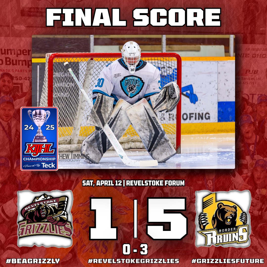 Final

Saturday, April 12th
Revelstoke Grizzlies - Grand Forks Border Bruins 1:5

( 📸 @timminsphotos )

#RevelstokeGrizzlies #BeAGrizzly #GrizzliesFuture #KIJHL