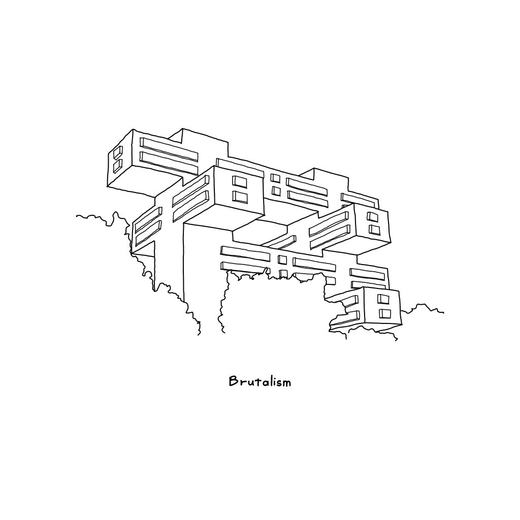 architistamemo's tweet photo. 1000コ描いたら建築家になれるメモ　77

ブルータリズム

1950年代にみられる、文化的要素が低く塗装や化粧板を用いずに建築資材の質感が強調された建築様式。
コンクリートが最先端の建材であった背景から打ち放しが多用された。装飾が排されミニマムで力強く、荒々しい印象をもつ即物的なデザイン。 https://t.co/5Jtvzb78tT