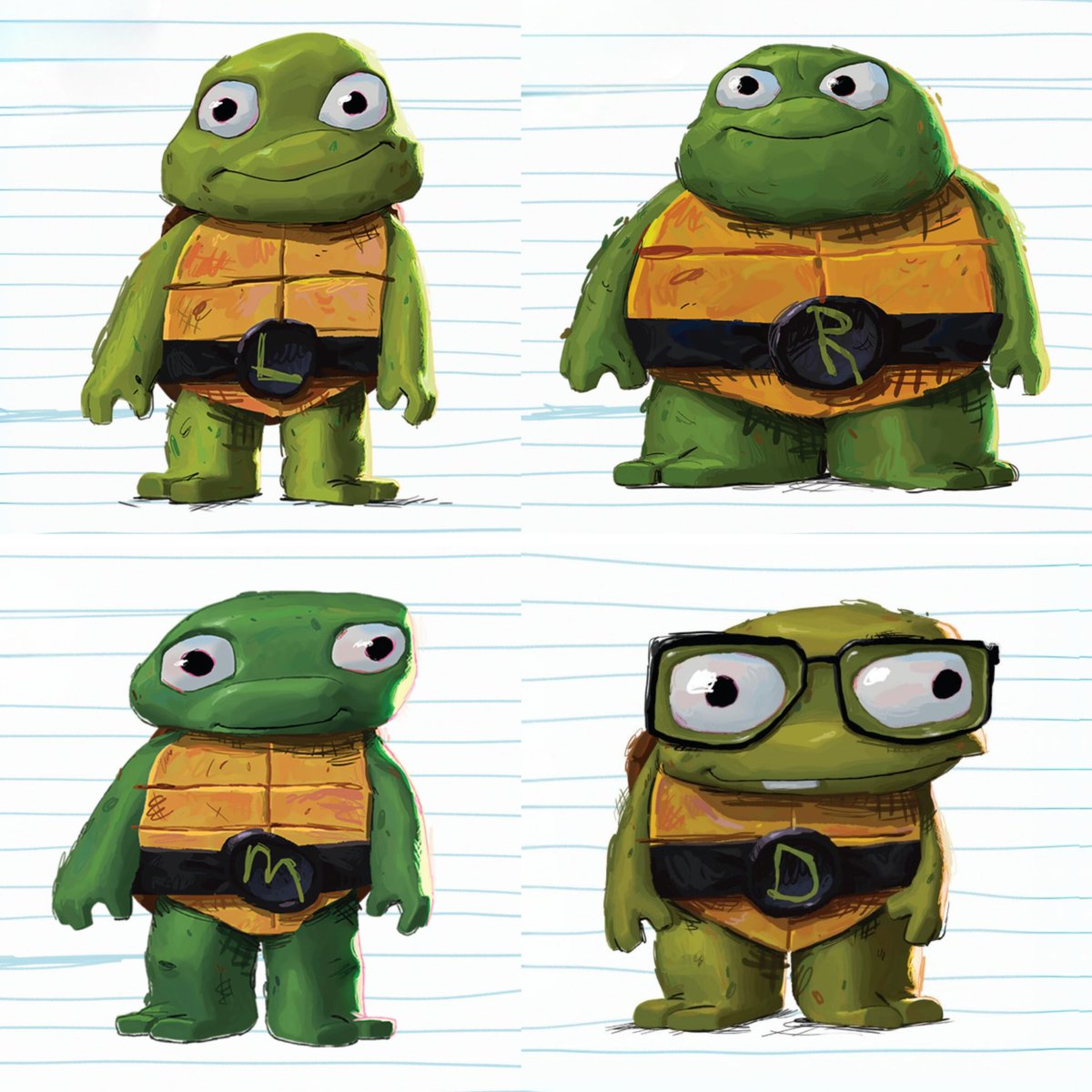 Concept art of the Mutant Mayhem Ninja Turtles as toddlers (2023)

(Art 🎨 Alger Tam)