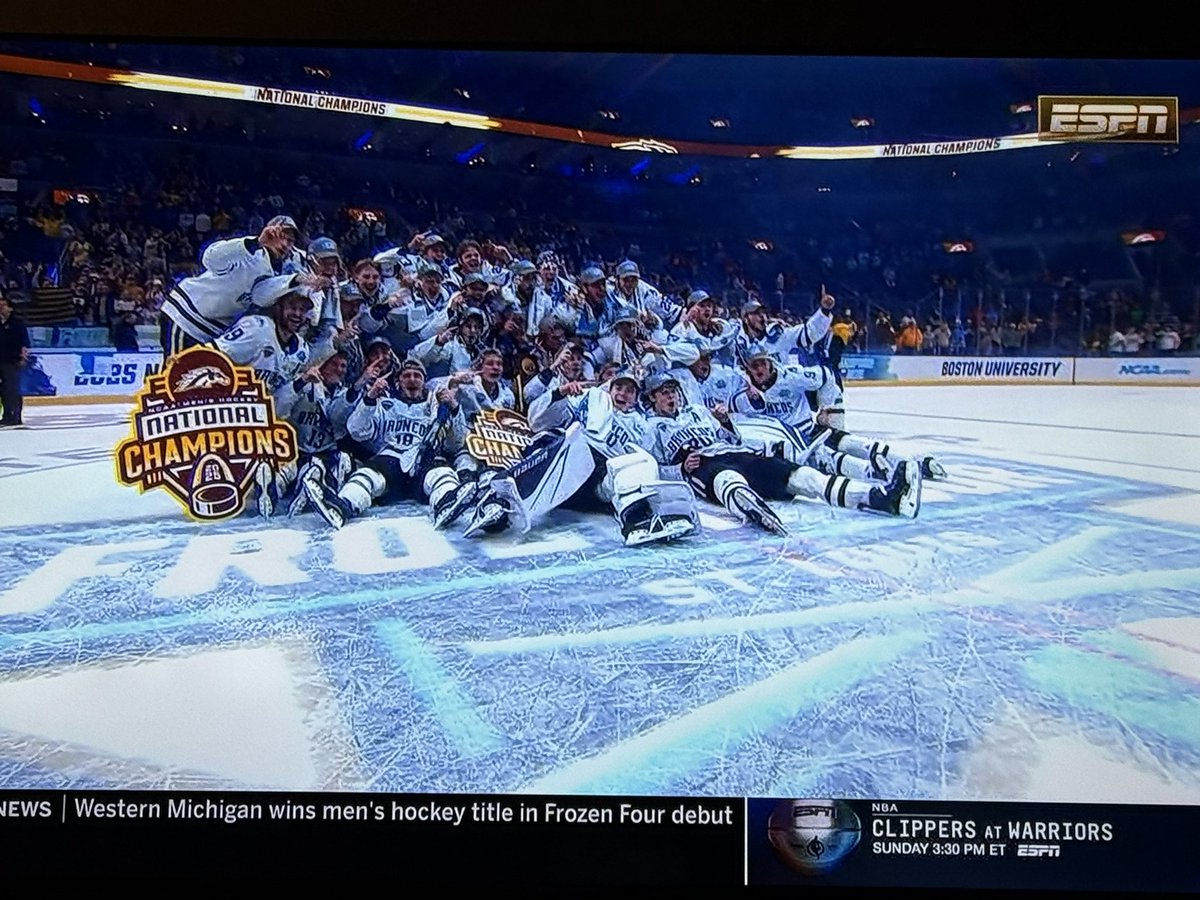 Truewblu's tweet photo. Congratulations Boys!!!
All the way from NYC! 🏆 
#BroncosReign #ESPN #frozenfour https://t.co/PJ1JtythHY