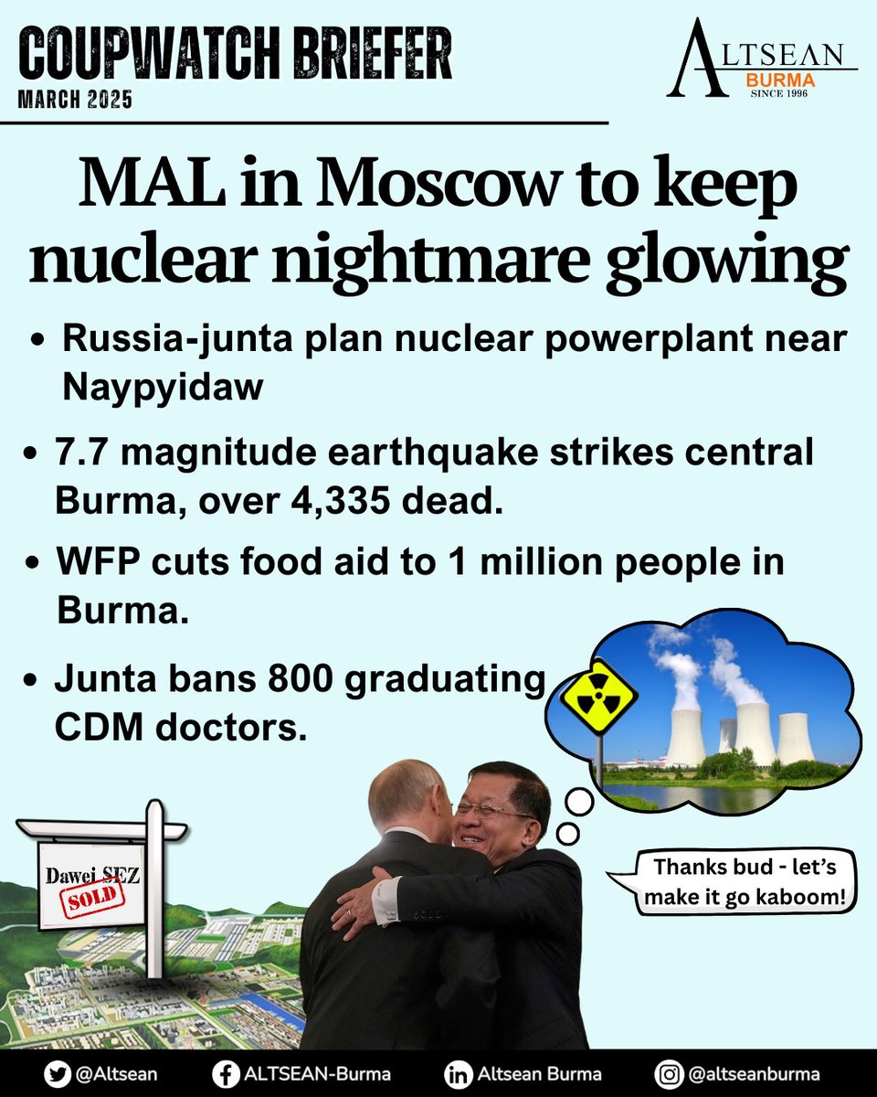 ALTSEAN-Burma (@altsean) on Twitter photo 🚨 Latest ALTSEAN #CoupWatch for March 2025 "Junta inks nuclear deal with Russia while things fall apart at home"
📷Briefer: bit.ly/CWBMar25
📷Stay updated: eepurl.com/bE2nRT
<a href="/adn_asia/">Asia Democracy Network</a>
<a href="/forum_asia/">FORUM-ASIA</a>
<a href="/BHRNUK/">BHRN</a>
<a href="/IIDonline/">IID 🕊️⚖</a>
<a href="/fidh_en/">FIDH</a>
<a href="/JusticeMyanmar/">Justice For Myanmar</a>
<a href="/WomensPeaceNW/">Women's Peace Network</a> 🚨 Latest ALTSEAN #CoupWatch for March 2025 "Junta inks nuclear deal with Russia while things fall apart at home"
📷Briefer: bit.ly/CWBMar25
📷Stay updated: eepurl.com/bE2nRT
<a href="/adn_asia/">Asia Democracy Network</a>
<a href="/forum_asia/">FORUM-ASIA</a>
<a href="/BHRNUK/">BHRN</a>
<a href="/IIDonline/">IID 🕊️⚖</a>
<a href="/fidh_en/">FIDH</a>
<a href="/JusticeMyanmar/">Justice For Myanmar</a>
<a href="/WomensPeaceNW/">Women's Peace Network</a>