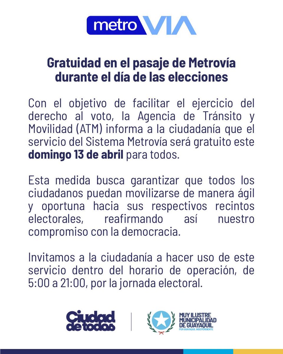 Aquiles Alvarez Henriques (@aquilesalvarez) on Twitter photo Este domingo, la Metrovía será GRATIS.
Porque votar no puede depender del bolsillo.
Porque la democracia se honra participando.
Porque elegir no es un privilegio, es un derecho, y en esta ciudad, lo defendemos con hechos. Este domingo, la Metrovía será GRATIS.
Porque votar no puede depender del bolsillo.
Porque la democracia se honra participando.
Porque elegir no es un privilegio, es un derecho, y en esta ciudad, lo defendemos con hechos.