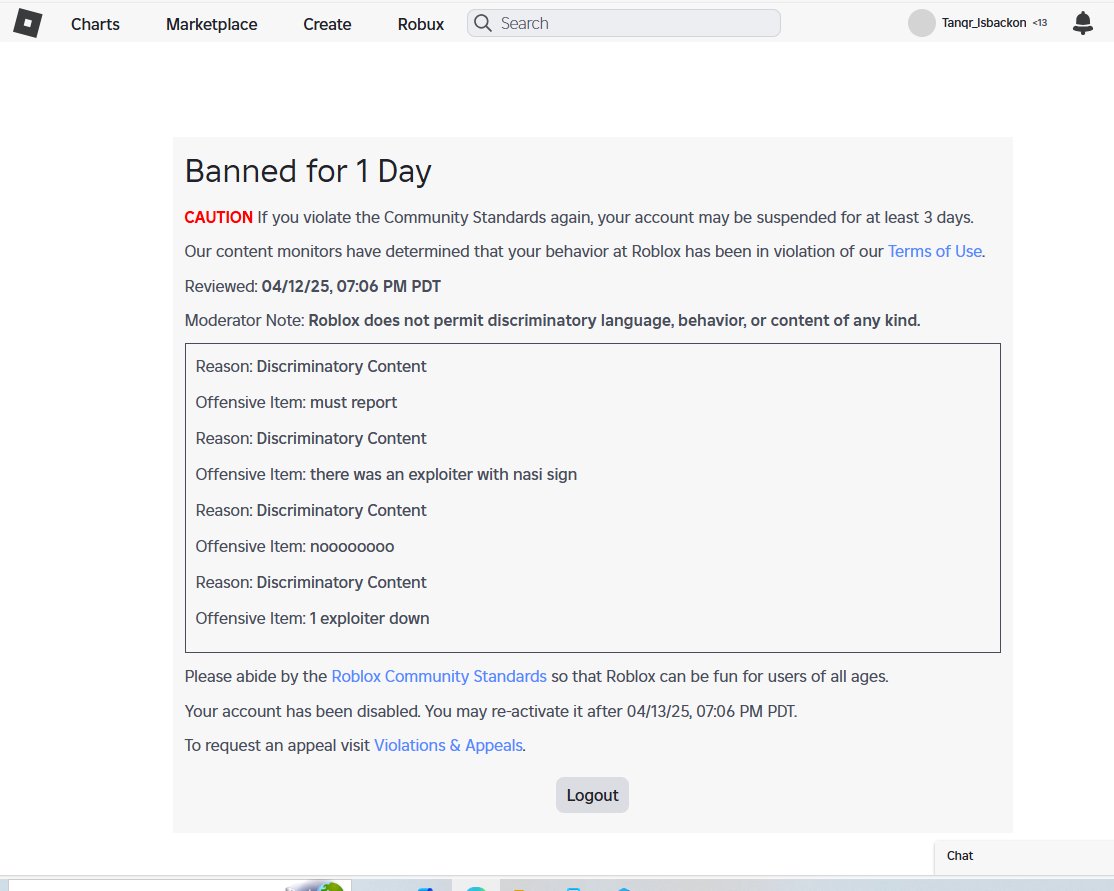 MrLeast3000's tweet photo. Can anyone tell me what I did wrong here?

I reported a player for doing inappropriate exploit with Nasi sign. SO, what was the problem #roblox #RobloxFalseBan https://t.co/gkCms6ymUP
