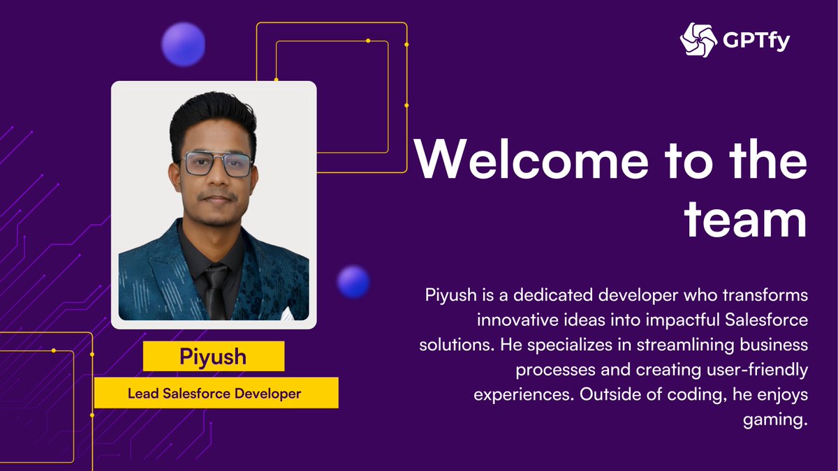 gptfyai's tweet image. Attention all! Our newest Salesforce wizard, Piyush Chourasia, has arrived! 

He transforms complex business challenges by day and transforms into a gaming champion by night! 

Double the skills, double the awesome! 🧙‍♂️🎯 

#NewestAddition #GPTfyFamily