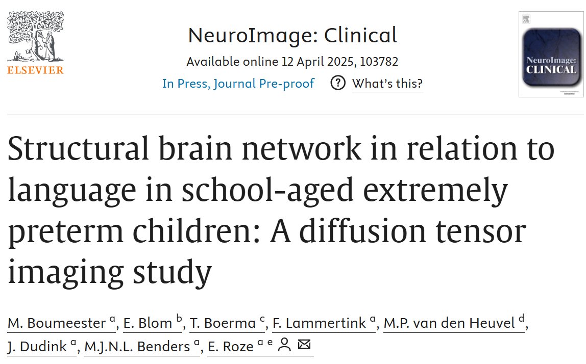 eic_nic's tweet image. Structural brain networks related to language in preterm children
sciencedirect.com/science/articl…
Extreme preterm born children might use compensatory neural pathways for language to make up for their neuronal dysmaturation