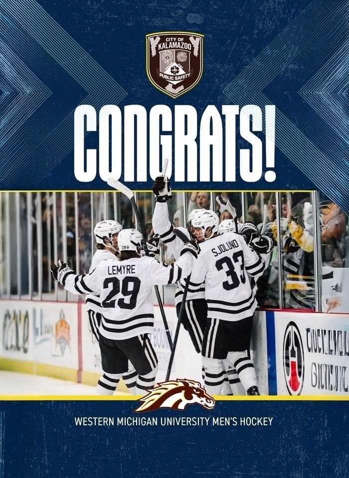 KalPublicSafety's tweet image. Let’s hear it for @WMUHockey - this year’s NCAA Men's Hockey National Championship winners!

#KDPS #BroncosReign