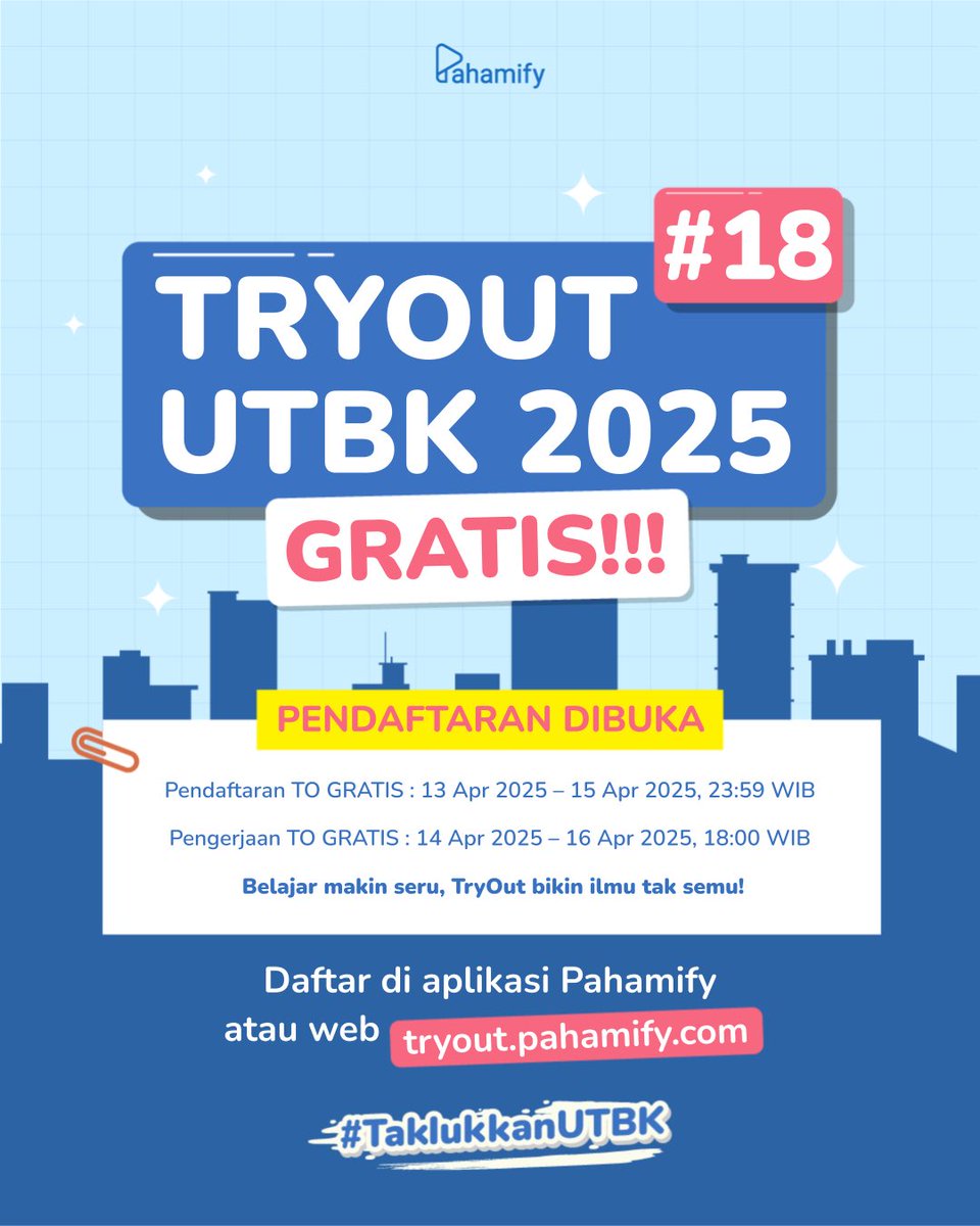 🥇Pendaftaran TO UTBK 2025 #18 GRATIS Dibuka🥇

Pendaftaran GRATIS terakhir: 15 April 2025 | 23.59 WIB

Daftar di app Pahamify atau di tryout.pahamify.com