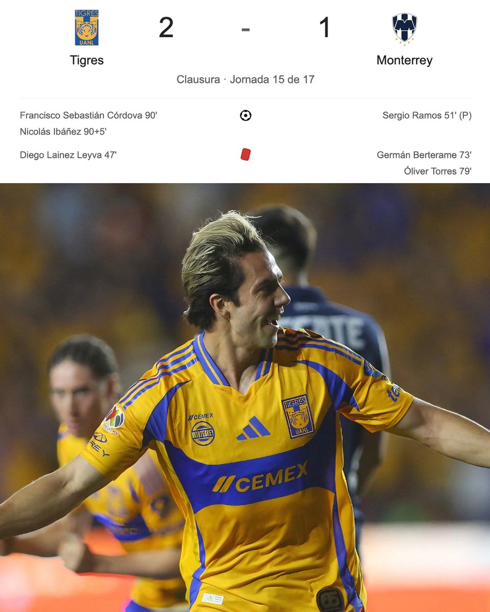 InvictosSomos's tweet photo. ¡¡TIGRES GANÓ UN CLÁSICO REGIO DE LOCURA!! Con goles de Sebastián Córdova y Nico Ibáñez en el agregado, Tigres remontó y derrotó a Rayados en la cancha del Estadio Universitario. El equipo de Martín Demichelis lo estaba ganando con un gol de penal de Sergio Ramos, pero todo se les volteó tras las expulsiones de Germán Berterame y Óliver Torres. Los de Guido Pizarro hicieron valer la superioridad numérica (10 vs 9) y pusieron a celebrar a su gente en el tiempo de compensación. Clave lo de Joaquim y Nando Gorriarán. NOCHE DE FIESTA EN EL VOLCÁN.
