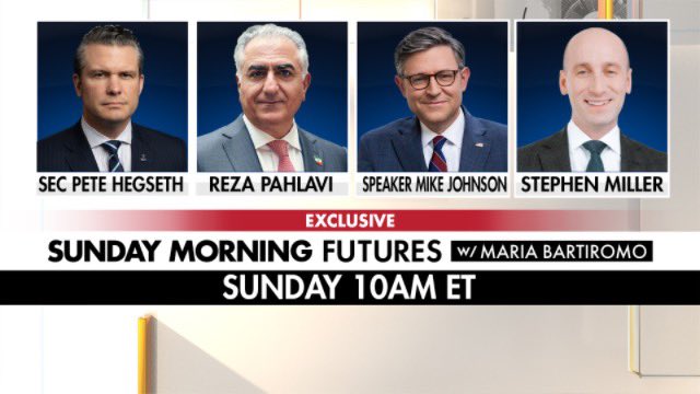 MariaBartiromo's tweet photo. See you in the morning  hope you'll join me for a big show @SundayFutures @FoxNews 10am et #live w @SecDef @PeteHegseth 
@PahlaviReza 
@SpeakerJohnson 
@StephenM https://t.co/iXRa72879N