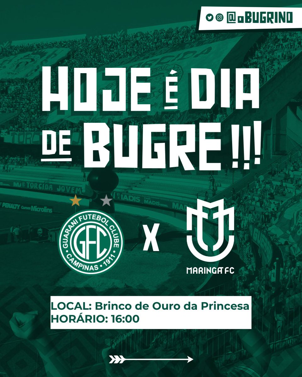 0bugrino's tweet image. 🔥 𝐃𝐈𝐀 𝐃𝐄 𝐁𝐔𝐆𝐑𝐄! 🟢🏹

🆚 Guarani x Maringá
🏟️ Brinco de Ouro
⏰ 16h
🏆 Campeonato Brasileiro Série C
📺 Nosso Futebol+ e DAZN
🎟️ Garanta seu ingresso: ingressosa.com

A força do Brinco faz diferença.!

#VemProBrinco #GuaraniFC #SérieC #Maringá #MaringáFC