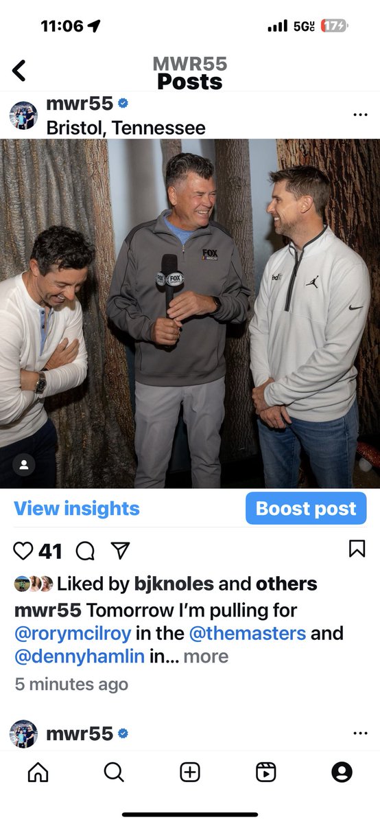 MW55's tweet photo. Tomorrow I’m pulling for @dennyhamlin and @McIlroyRory They are great guys and appreciate my humor.  Rory more than Denny. @TheMasters @ItsBristolBaby https://t.co/xcrCyW0X4a