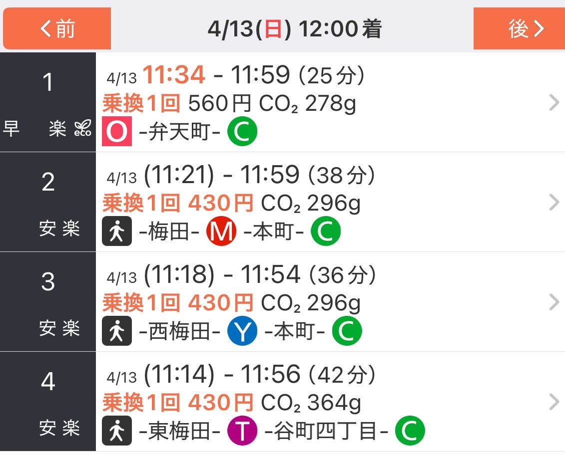 ken5104da's tweet photo. 昼に万博会場へ向かい感じた事。
大阪駅から万博会場に電車で向かう時、アプリだと所要時間の早い順に検索で出てくる。
しかしこの電車に乗る人は殆どが万博行きの為途中下車しない。
弁天町に着く頃にはほぼ満員で満員電車に突っ込む覚悟が必要になる。
よって快適な移動は4が正解。 https://t.co/Bn41uHvAwc