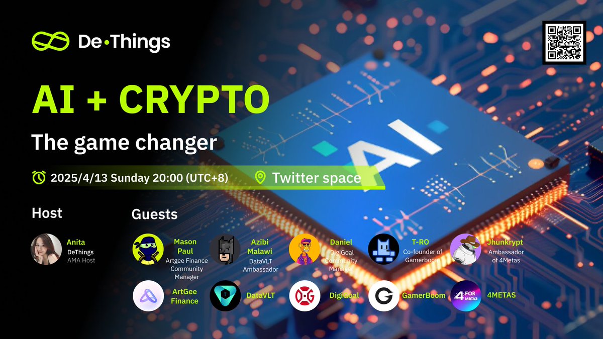 DeThings (@dethingsnews) on Twitter photo 😘DeThings AMA: AI + CRYPTO: The game changer
🫸📷April 13, Sunday 20:00 (UTC+8)
HOST
<a href="/DeThingsNews/">DeThings</a> (by <a href="/Anitahityou/">Anita Qu 🔶/acc</a>)
Guest:
Mason Paul <a href="/MasonCryptoPaul/">Mason Paul</a> - 😘DeThings AMA: AI + CRYPTO: The game changer
🫸📷April 13, Sunday 20:00 (UTC+8)
HOST
<a href="/DeThingsNews/">DeThings</a> (by <a href="/Anitahityou/">Anita Qu 🔶/acc</a>)
Guest:
Mason Paul <a href="/MasonCryptoPaul/">Mason Paul</a> -