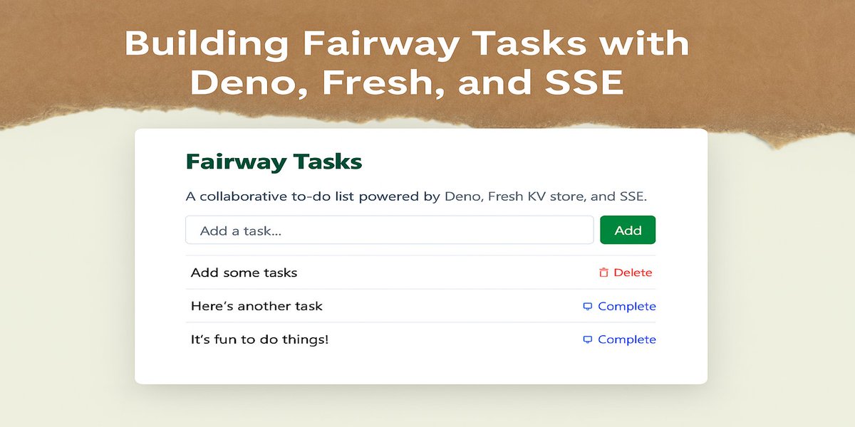 kofno's tweet photo. 🏌️‍♂️ What’s in the (tech) bag?

Just launched Fairway Tasks, a collaborative to-do app powered by Deno, Fresh, KV, and SSE.

Real-time sync

Minimalist stack

Built in public

Try it ⛳️
🔗 https://t.co/NguOhkri1a
📕 https://t.co/R5hMqgVUvH https://t.co/1dkqgIXhuO