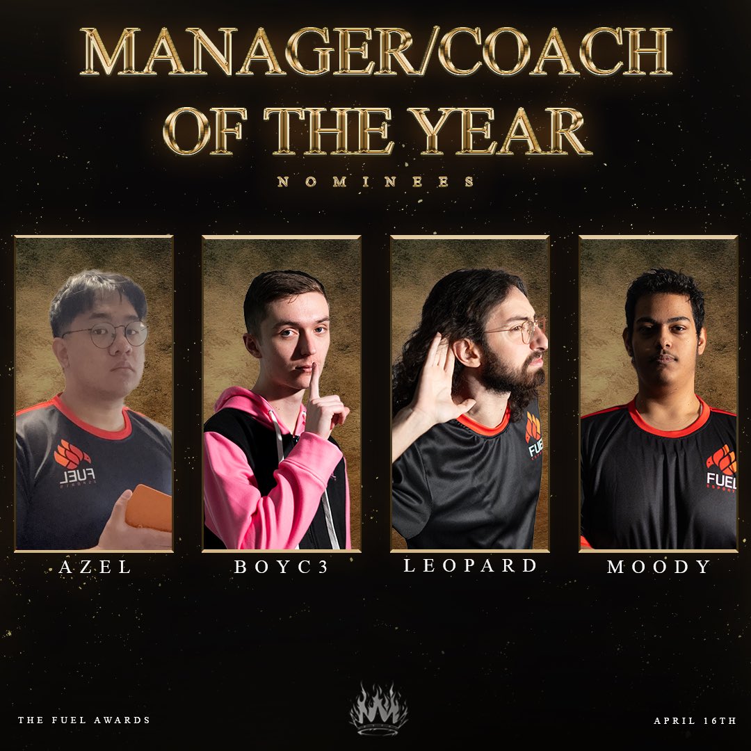 Between managers and coaches, we now give you the nominates for Manager/Coach of the year.

This award is given to the non-player leadership of Fuel, who excel in their roles in managing their respective titles. 

- <a href="/azel79/">azel</a> 
- <a href="/boyc3_CS/">boyc3</a> 
- Leopard
- Moody