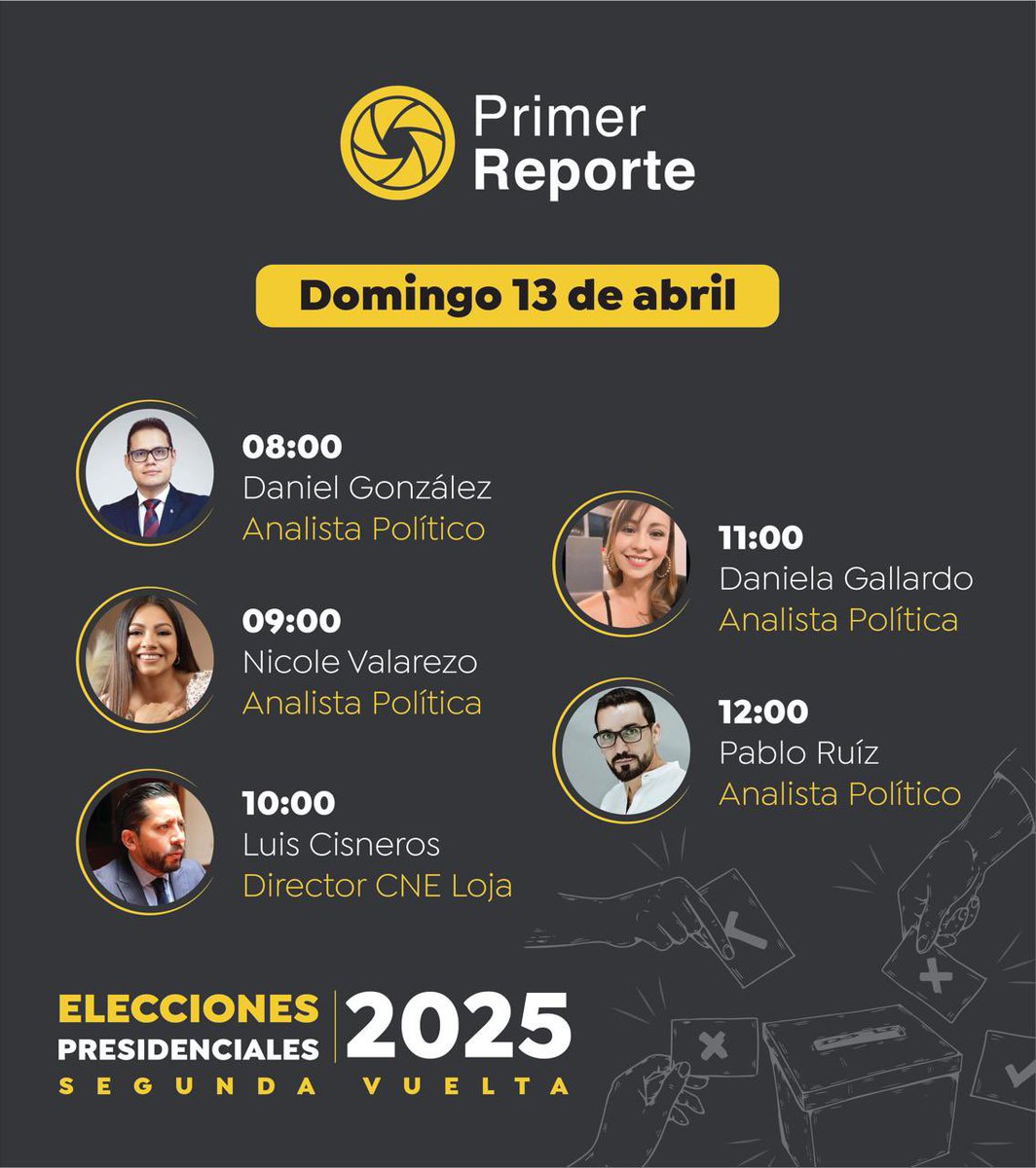Nuestros panelistas para esta jornada electoral 

08:00 <a href="/dagonzalezp/">Daniel González Pérez</a> 
09:00 <a href="/nlvalarezo/">Nicole Valarezo</a> 
10:00 <a href="/LuisCisnerosJ/">Luis Hernán</a> 
11:00 <a href="/profepolitica/">Dane_Gallardo</a> 
12:00 <a href="/PabloRuizAguirr/">Pablo Ruiz Aguirre</a>