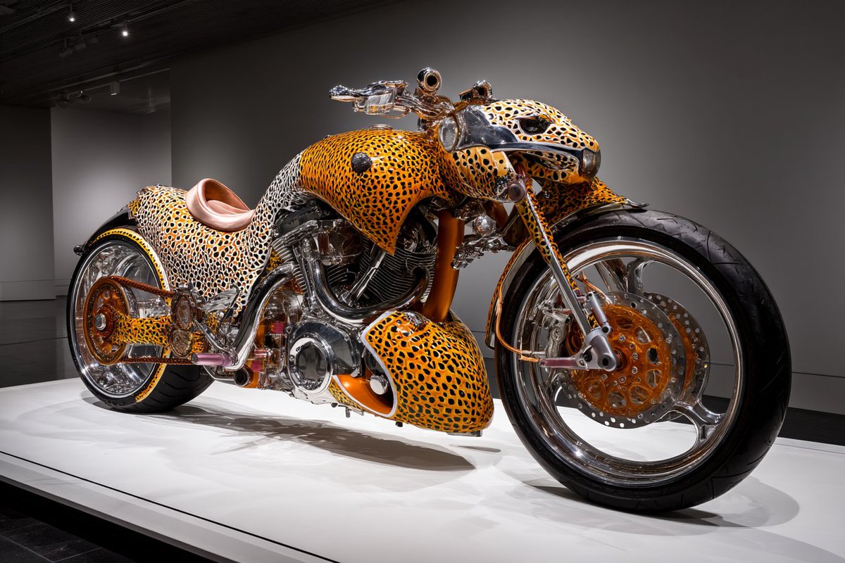 Prompt_Alchemy's tweet photo. Spent some time today creating tiger and leopard-painted motorcycles in #Midjourney. Not as easy as one might think.

#motorcycle #custom #custombike #cat #caturday #bigcat #tiger #leopard #midjourneyart #aiart #synthart  #art #digitalart #generativeart #aipromptwriter https://t.co/d0OjC6MBId