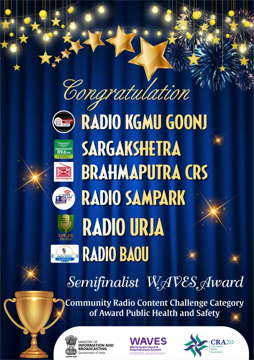 RadioSampark's tweet photo. Radio Sampark team is feeling highly honoured to be selected among the semifinalists for  prestigious Waves Award for Community Radio Stations organized by Ministry of Information and Broadcasting #mib  #pmo #crs   #wavesaward @CMO_Odisha
Congratulations to all shortlisted CRS https://t.co/6u3F2h8GSC