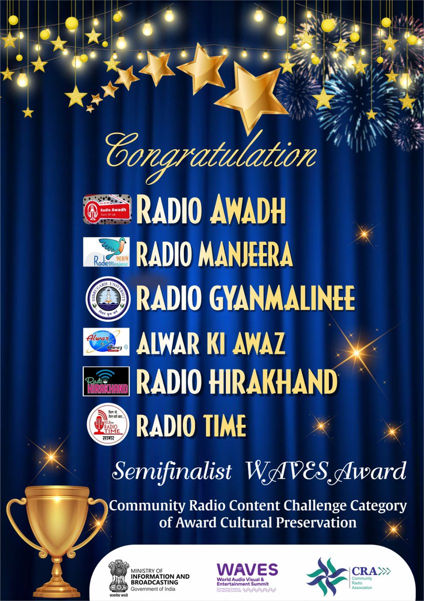 Radio Sampark 89.6 MHz (@radiosampark) on Twitter photo Radio Sampark team is feeling highly honoured to be selected among the semifinalists for prestigious Waves Award for Community Radio Stations organized by Ministry of Information and Broadcasting #mib #pmo #crs #wavesaward <a href="/CMO_Odisha/">CMO Odisha</a>
Congratulations to all shortlisted CRS Radio Sampark team is feeling highly honoured to be selected among the semifinalists for prestigious Waves Award for Community Radio Stations organized by Ministry of Information and Broadcasting #mib #pmo #crs #wavesaward <a href="/CMO_Odisha/">CMO Odisha</a>
Congratulations to all shortlisted CRS