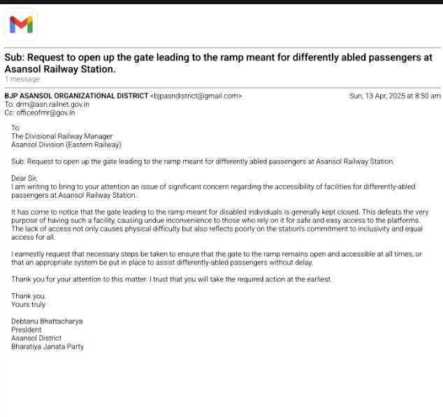 বেশ কয়েকদিন ধরে দেখা যাচ্ছে আসানসোল রেল স্টেশনে দিব্যাঙ্গ যাত্রীদের যাতায়াতের গেটে তালা বন্ধ করে রাখা হচ্ছে। ফলস্বরূপ দুর্ভোগের শিকার হচ্ছেন দিব্যাঙ্গ যাত্রীরা। আসানসোল ডিভিসনের ডিআরএম-কে ভারতীয় জনতা পার্টির পক্ষ থেকে অনুরোধ করা হল গেটের তালা খুলে রাখার ব্যবস্থা করার জন্য।