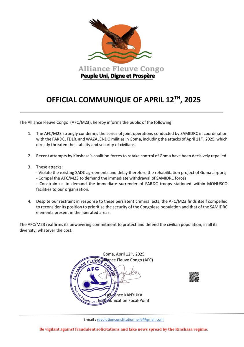 LawrenceKanyuka's tweet photo. COMMUNIQUÉ OFFICIEL DE L’ALLIANCE FLEUVE CONGO (AFC/M23) DU 12 AVRIL 2025 ⤵️ https://t.co/KAE4Ao42EH