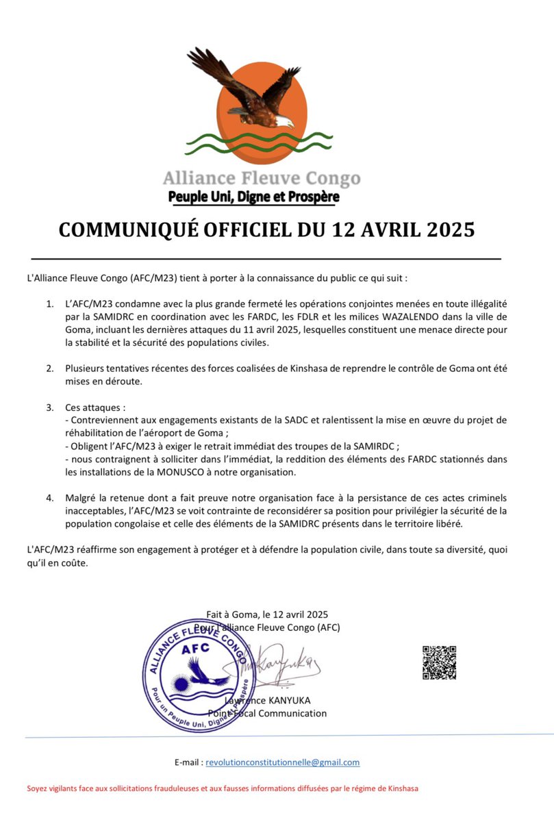 LawrenceKanyuka's tweet photo. COMMUNIQUÉ OFFICIEL DE L’ALLIANCE FLEUVE CONGO (AFC/M23) DU 12 AVRIL 2025 ⤵️ https://t.co/KAE4Ao42EH