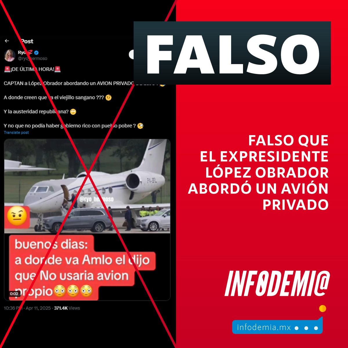 infodemiaMex's tweet photo. ❌Falso que el expresidente #LópezObrador abordó un avión privado 

✅El video que circula en redes sociales corresponde al momento en que el rey Juan Carlos I de España abordó una aeronave en el Aeropuerto de Vigo, el 23 de mayo de 2022 https://t.co/uElx4Onutu
