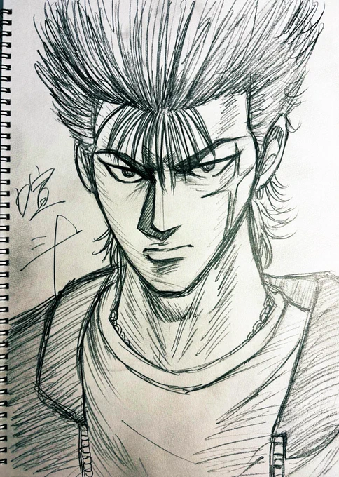 『ラフ画の喧斗シリーズ』鉛筆画。
ケン坊を描く時は下書きの前にB4スケッチブックに2B鉛筆✏️でこんな感じにざっくりとラフ画デッサンをしてあらためて下書きで手直しするんですが、この4枚に関してはほぼそのままB4でコピーを取り、トレス台の上からB4ケント紙にGペン一発入れのお気に入りです。 