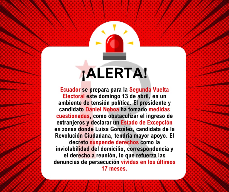 IR_IzqRadical's tweet photo. A horas de la segunda vuelta electoral, el gobierno de Daniel Noboa ha impuesto medidas que restringen derechos y  en territorios donde la revolución ciudadana cuenta con amplio respaldo.
La democracia no se defiende con represión. 
¡Nuestra solidaridad con el pueblo ecuatoriano! https://t.co/uTVSLRlLFT