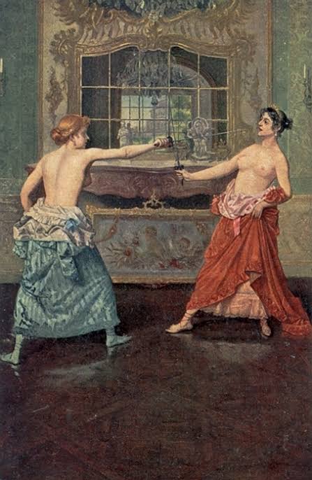 archeohistories's tweet photo. Princess vs Countess - a topless duel over flowers ... 

Fencing topless wasn’t a new thing in 1892 AD. There are plenty of images with topless and nude female duelists from as early as 18th Century AD. But duel between Countess and Princess was different, because it wasn’t just duellists who were female, but also seconds and everyone else present. This type of female single combat is now known as an emancipated duel, because the duellists are topless for their own sake, and duel is fought for real reasons and is not displayed to entertain men.

In August of 1892, a duel took place in Liechtenstein. The two adversaries took the field armed with rapiers to take satisfaction in blood over an unpardonable outrage: a dispute over a flower arrangement.

The precise nature of disagreement has been lost in mists of time. All we know is that Princess Pauline Metternich, granddaughter of Napoleonic-era Austrian statesman Prince Klemens Wenzel von Metternich, and Countess Anastasia Kilmannsegg, wife of Statthalter of Lower Austria, had conflicting visions of how flowers should be arranged at Viennese International Exhibition of Music and Theater of 1892. Both of the ladies were high society fixtures in Paris and Vienna of late 19th Century. Both of them volunteered for a number of charitable organizations and were active supporters of the arts.

The Internationale Musik und Theaterwesenausstellung was the artistic event of fin de siècle Vienna, and while little remembered today, its influence was enormous and has played a foundational role in the perception of musical culture extending to the present. Inspired by the madly popular trend for world fairs launched by the Great Exhibition of the Works of Industry of All Nations at the Crystal Palace in London in 1851, the Viennese International Exhibition was a showcase of the greatest music Europe’s most musical city could offer and the first large-scale marketing blitz to monetize and promote that artistic output. It was the first and only world’s fair ever to focus exclusively on music and theater, and the very idea of “classical music,” defined as European music from the mid-16th Century through the end of 19th, was birthed there on May 7th, 1892. By the time the exhibition ended on October 9th, the notion was firmly established, as was the image of Vienna as the capital of European music.

Princess Pauline and Countess Kilmannsegg held important volunteer positions at this once-in-a-lifetime event. The Princess served as Honorary President, the Countess as President of the Ladies Committee. It was the Princess’ idea, in fact, the expand the purview of the festival to cover theater as well as music, and to make it international (in the Eurocentric sense) instead of a the original idea which was a far more modest exhibition dedicated to the history of Austrian music. Because of her operas like Ruggero Leoncavallo’s Pagliacci and Pietro Mascagni’s Cavalleria Rusticana were staged to great acclaim at the Exhibition. (Not in a single bill together, though. The classic CavPag pairing debuted at the Metropolitan Opera in New York a year later.)

The Princess also founded the Flower Parade down the main street of the Prater, a tradition she began in 1886 that continues to this day, and she was described in one paper (before the duel) as “having inherited a courage which borders on insanity from her father, Count Sandor, who was famous for his hair-brained extravagances.” So maybe that explains why whatever the Countess had to say about the flower arrangements at the International Exhibition so deeply appalled the Princess and why she was willing to take it to the point of bloodshed.

#archaeohistories