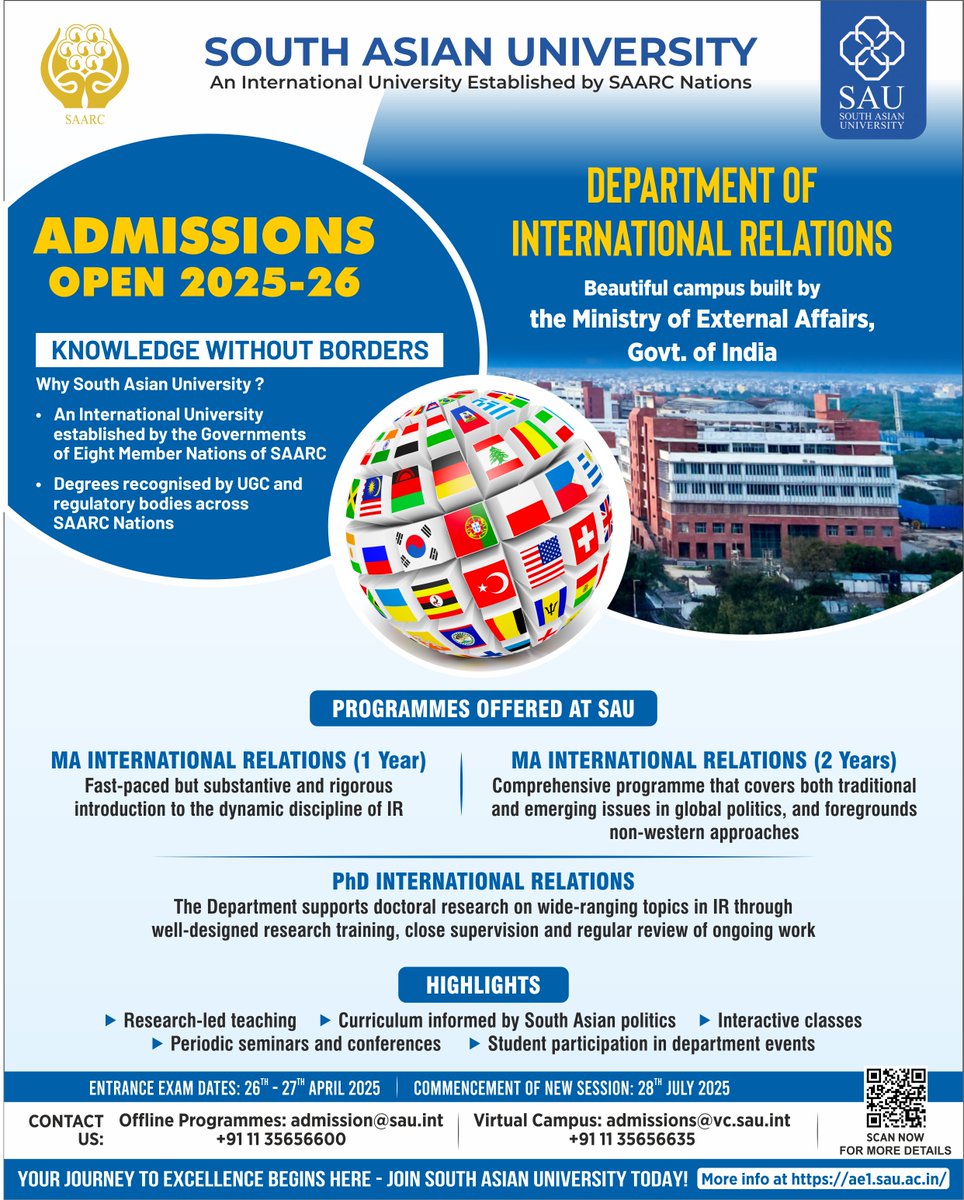 SouthAsianUni's tweet photo. With both global interdependence and fragmentation growing in these times of shifting geopolitics, SAU offers a unique platform to study international conflicts and cooperation, diplomacy, and foreign policy — with a special focus on South Asia.
#Sauedge #SAU #SAARC #StudyAtSAU https://t.co/Knyn5qOobK