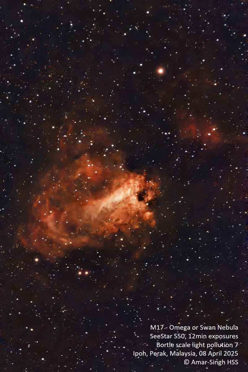 DrAmarMOH's tweet photo. M17 - Omega or Swan Nebula in the constellation Sagittarius. ~5-6,000 light-years from Earth &amp; spans 15 light-years in diameter. One of the brightest and most massive star-forming regions of our galaxy.
#Ipoh #Perak #Malaysia #Astronomy
@zwoastro @Seestar_astro @dark_malaysia https://t.co/ZdW6hVTfxq