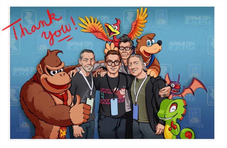 A little thank you doodle for the Rare trio for getting the opportunity to meet! Hope to meet again some time! <a href="/grantkirkhope/">Grant Kirkhope</a> <a href="/Chris_Suth/">Chris Sutherland</a> <a href="/WinkySteve/">Steve Mayles</a> <a href="/GameOnExpo/">Game On Expo</a> 
#digitalart