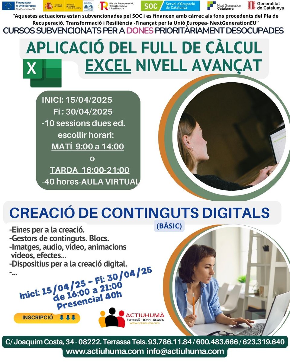 actiuhuma's tweet photo. Cursos ADA subvencionats per a "Dones", només 10 sesions, inscriu-te, no perdis la teva opció ‼️
Cursos ADA subvencionados para “Mujeres” solo 10 sesiones, inscribete, no pierdas tu opción ‼️ https://t.co/IaffoG97Ux