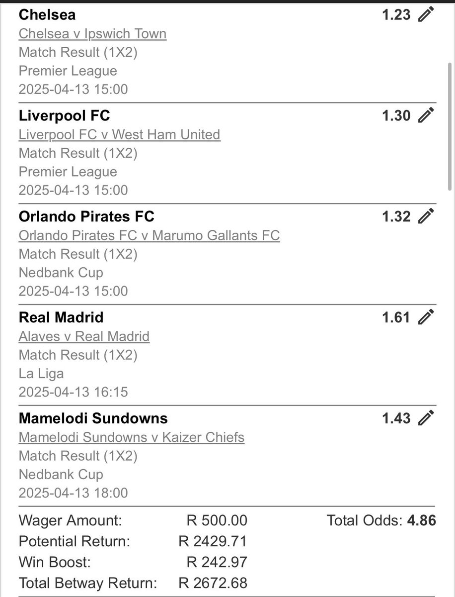 BetWith_Siya's tweet photo. R500. BAM. 💰 

Not play money. Not vibes. Cold, hard cash.

That’s how confident we are in this 5-leg mega slip.

Odds: 4.86 | Boosted return: R2,672.68

Sundowns to klap Chiefs. Pirates to handle business.

You already know.

Rest of the slip? Just winners.
No hedge. No fear.

https://t.co/L9x1qBwGwT

Ride or hide. Screenshot if you’re jumping in.

#BetWithSiya #R500OnTheLine #CleanSlip #BetwayBoost #Sundowns #Pirates #LocalIsLekker #ThisOneHits