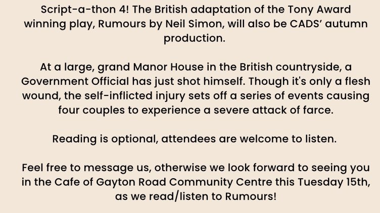 CADS_B71's tweet photo. Script-a-thon 4! The British adaptation of the Tony Award winning play, Rumours by Neil Simon, will also be CADS’ autumn production.
#cads #westbrom #scriptreading #drama #noda #theatre #theatregroup #amateuredramatics #stage #westbromwich #nodawestmidlands #rumours #showsnearme https://t.co/fgwkOrbTtl