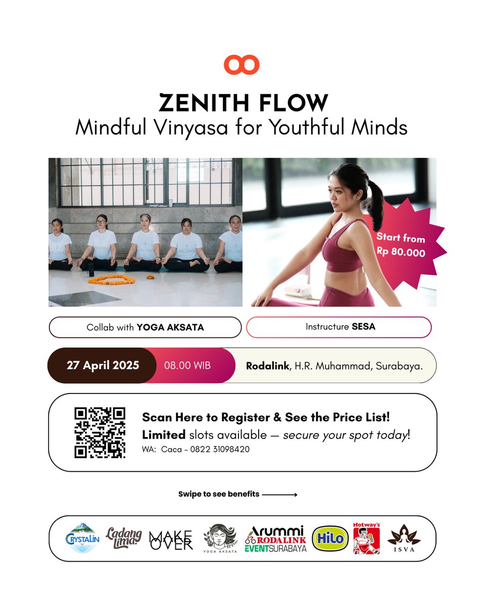eventsurabaya's tweet photo. ZENITH FLOW
Sesi yoga yang gabungin gerak, ketenangan, dan keseruan.
Vinyasa yoga, journaling, dan fun games dalam satu pagi.
27 April 2025
08.00 WIB
Rodalink, Surabaya
Start from 80K
Cek info lengkap & daftar lewat IG: @omotionorganizer
#OMOTION #YogaSurabaya https://t.co/aftHnDxgzD