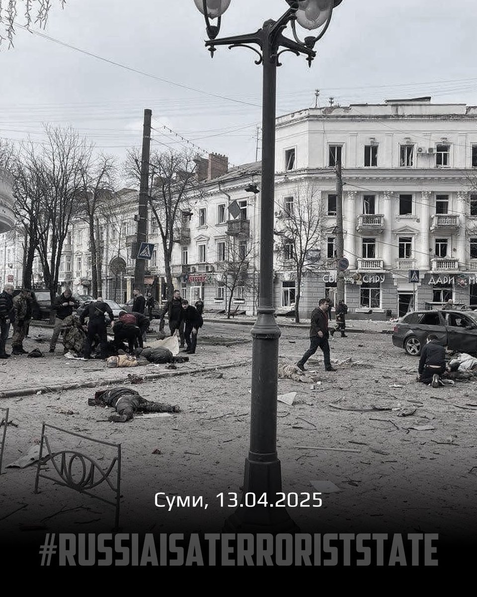 uafukraine's tweet photo. At least 21 dead and more than 20 wounded after a double rocket attack on Sumy by russian bastards

terrorists struck the city centre on the Holiday

#russiaisaterroriststate https://t.co/mYlBZCb101