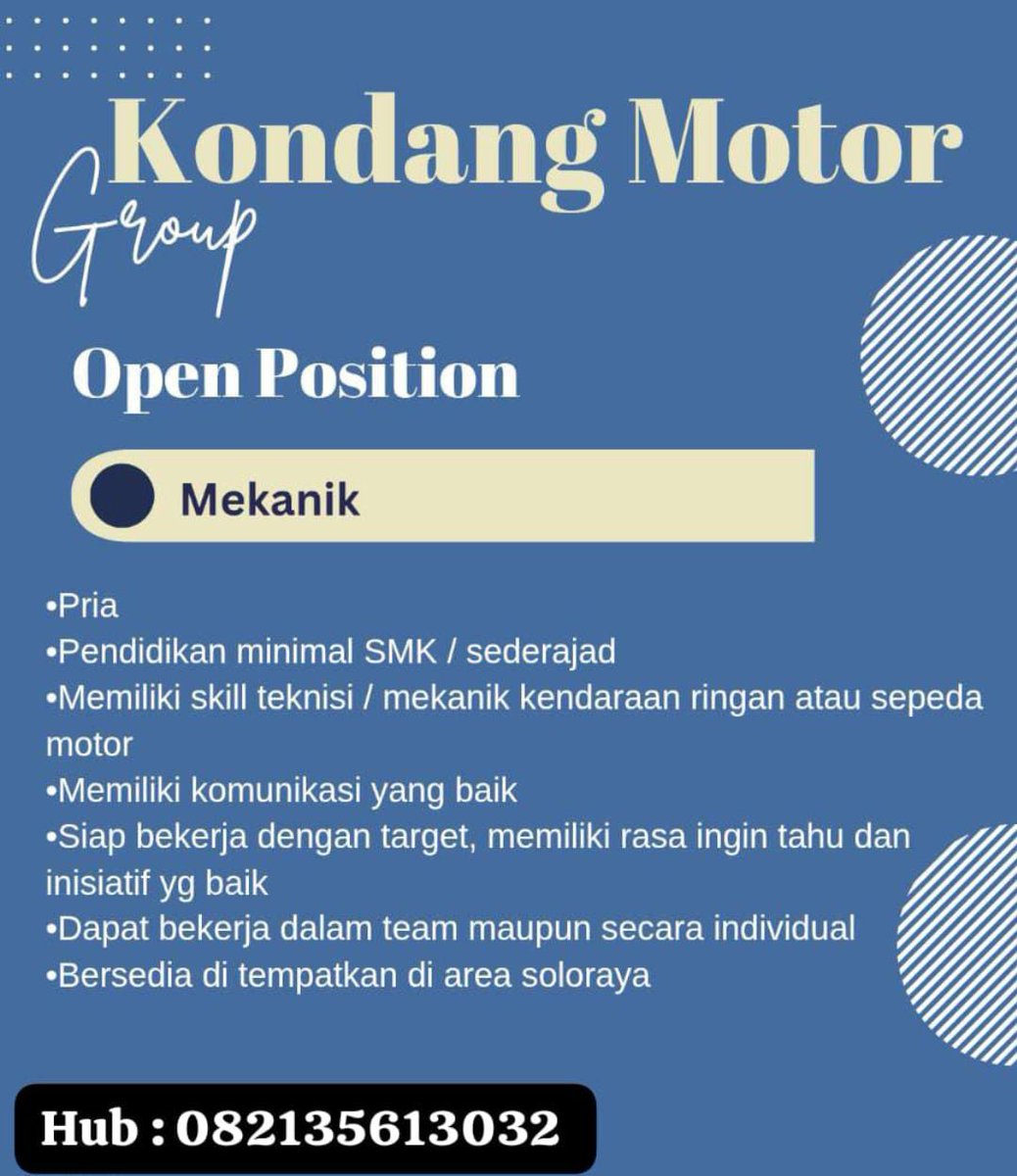 MawarTA_'s tweet photo. Lowongan kerja mekanik https://t.co/G0mDDDClF5 https://t.co/Uo4o4lS2tv
