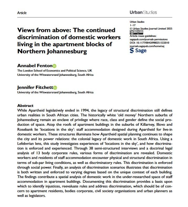 Using a Lefebvrian lens, this #OpenAccess study by Annabel Fenton and Jennifer Fitchett investigates experiences of “locations in the sky”, and how #discrimination is enforced and experienced 

buff.ly/sGQ0gvf 

#apartheid #DomesticWork