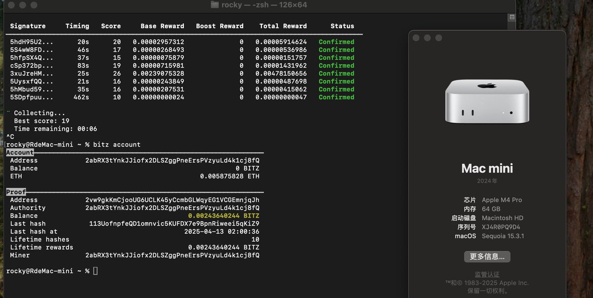Rocky_Bitcoin's tweet photo. 行情无聊，试试POW挖矿，我的第一桶金来自于ICO，来的快，去的也快。稳定的第二桶金，来自于 #ETH 挖矿！

今天闲来无事，试了一下 @EclipseFND 上第一个ePOW挖矿项目 #BITZ，目前价格56美金。
-最大供应量为5m
-无预挖 + 零团队/内部分配
-可以使用 Solana CLI 进行挖矿
我使用的是一台满血64G Mac Mini，测试一下一天能挖多少。🧐
教程链接：https://t.co/cmHStFZsZ1
跨链桥：https://t.co/Vp4ZLjrR8m
