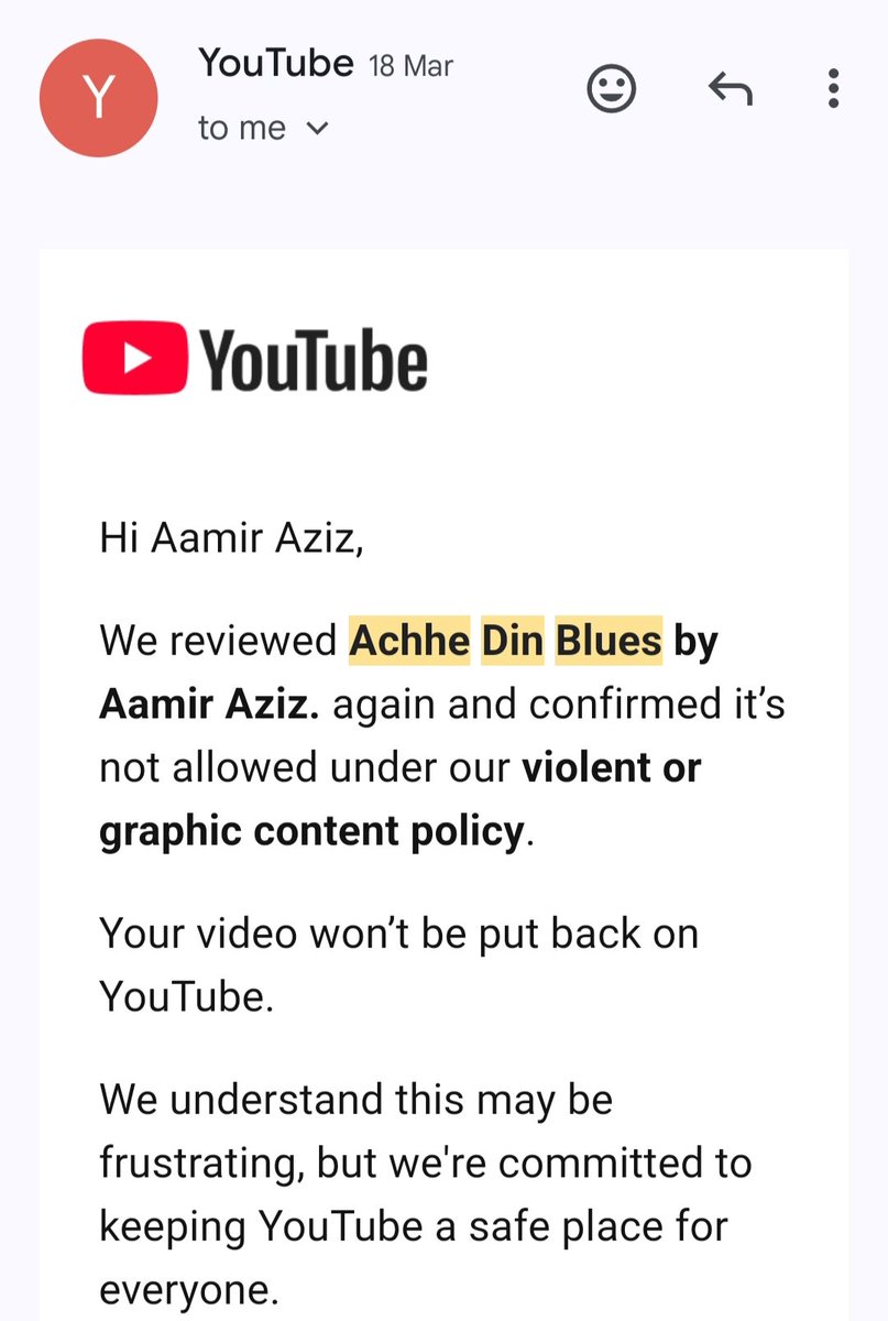AamirAzizJmi's tweet image. My song "achhe din blues" has been put down from my channel, i requested a review which as well got denied within a few minutes. @youtube @YouTubeIndia kindly look into it and put it back.
m.youtube.com/watch?v=BPJyGE…