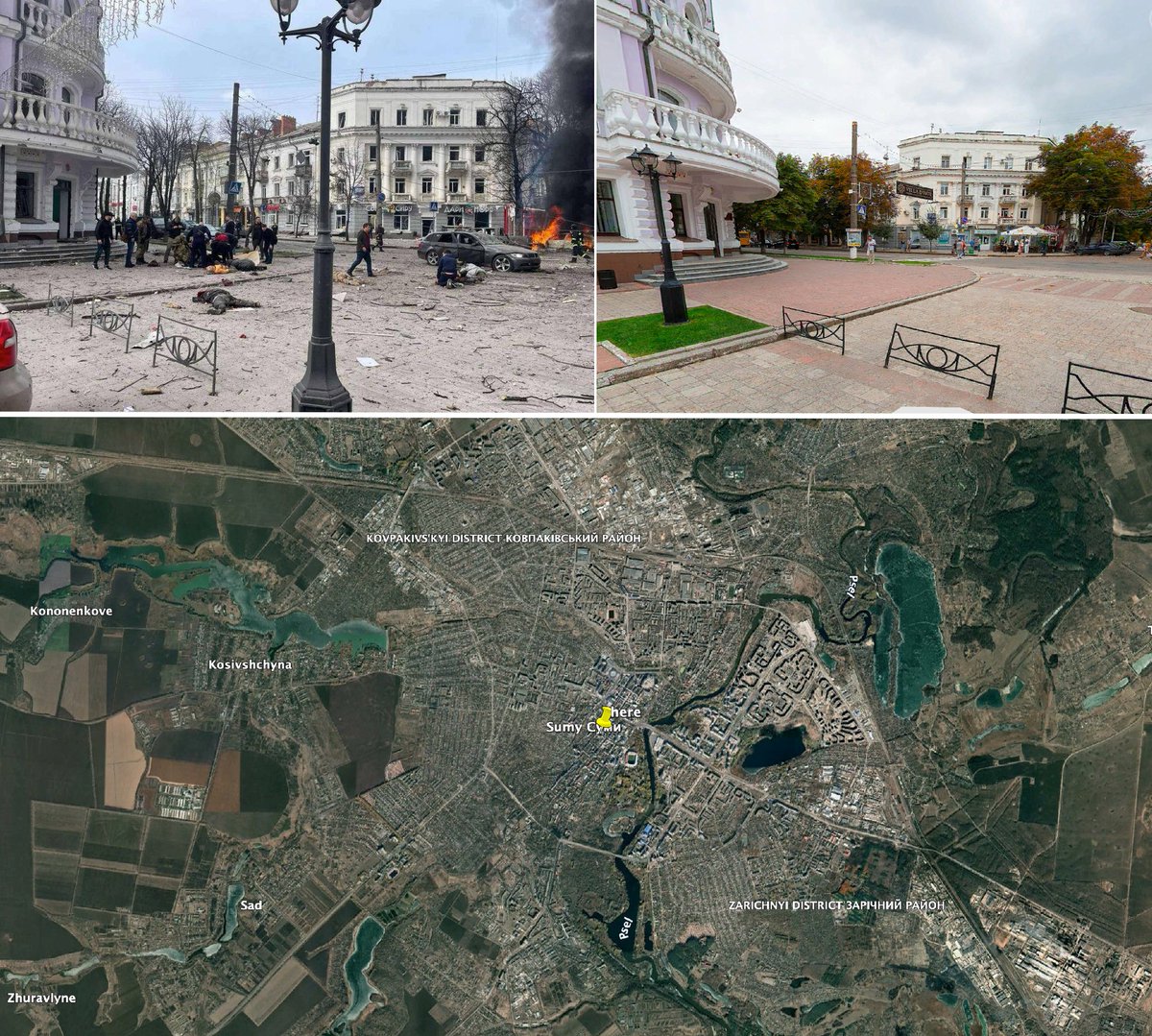 JulianRoepcke's tweet photo. #NewsMap 
Russia hit the civilian center of #Sumy with a ballistic missile, killing at least 21 civilians.
I had lunch 600m away, less than two weeks ago ... https://t.co/J8bExjN38d