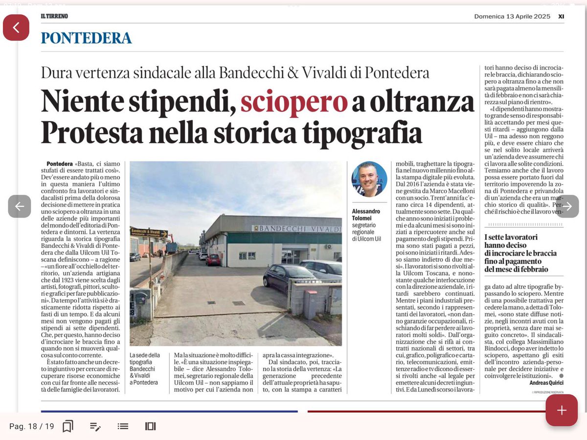 Uilcom_Toscana's tweet photo. ⚠️"RITARDI NEL PAGAMENTO DEGLI STIPENDI":

👉🏻SCIOPERO A OLTRANZA ALLA STORICA TIPOGRAFIA DI PONTEDERA (PI) https://t.co/ByPmiGZzsE