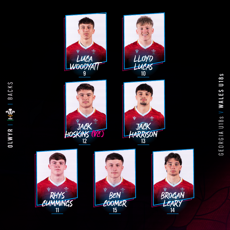 WelshRugbyUnion's tweet photo. 🚨 𝗧î𝗺 𝗖𝘆𝗺𝗿𝘂 𝗼 𝗱𝗮𝗻 𝟭𝟴 🏴󠁧󠁢󠁷󠁬󠁳󠁿

Here is your Wales men's U18s team to face @GeorgianRugby in our second Six Nations Festival fixture tomorrow afternoon in France, 17:30 KO! 🔥👇

📺 The game will be streamed live via the WRU YouTube channel 🙌

#SixNationsU18 | #WALvGEO